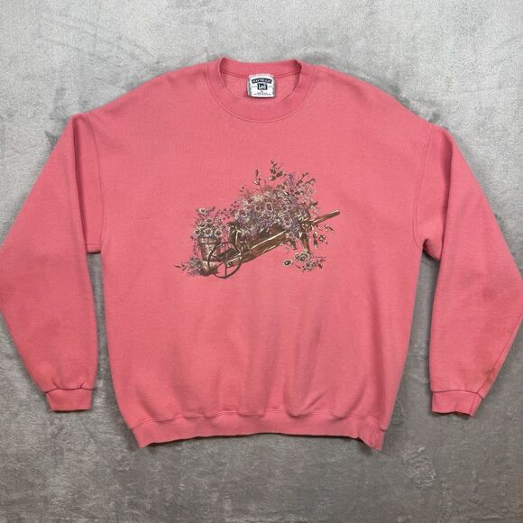 Vintage Lee Heavyweight Sweatshirt Women’s XL Pink Floral Wheel Barrel Garden - Picture 1 of 9